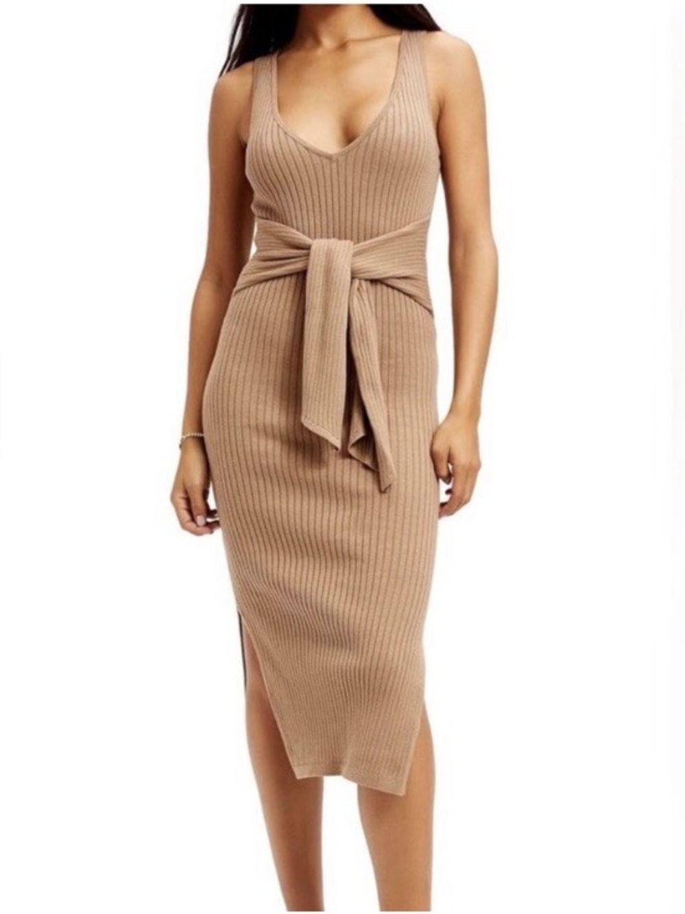 Good American Belted Body Ribbed Tie-Waist Midi Dress in Camel size 5 XXL